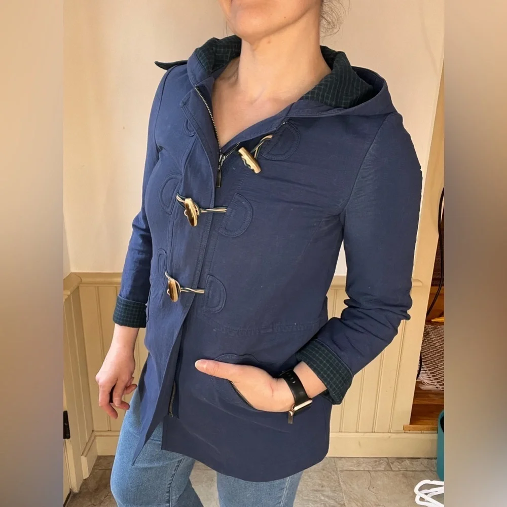 ANTHROPOLOGIE CARTONNIER Navy Blue Brown Toggle Hooded Cadet Coat Zip Jacket S